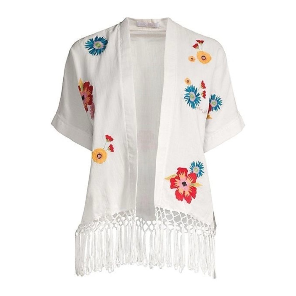 Carolina K‎ Kimono Anita Floral Embroidered Fringe Crochet Gardenia XS GUC